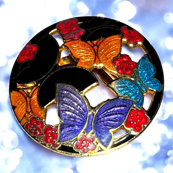 Vintage Floral & Butterflies Cloisonne Enamel Scarf Clip - Picture 2 of 5